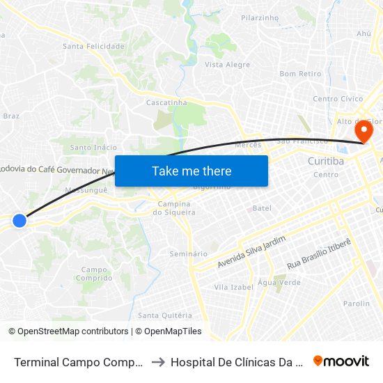 Terminal Campo Comprido to Hospital De Clínicas Da Ufpr map