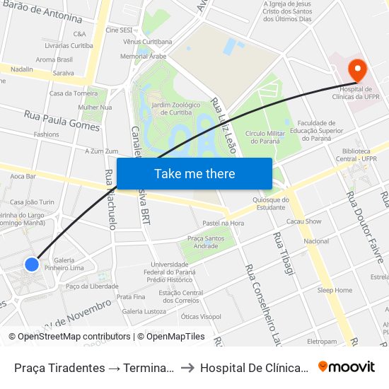 Praça Tiradentes → Terminal Bairro Alto to Hospital De Clínicas Da Ufpr map