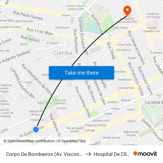 Corpo De Bombeiros (Av. Visconde De Guarapuava, 3571) to Hospital De Clínicas Da Ufpr map