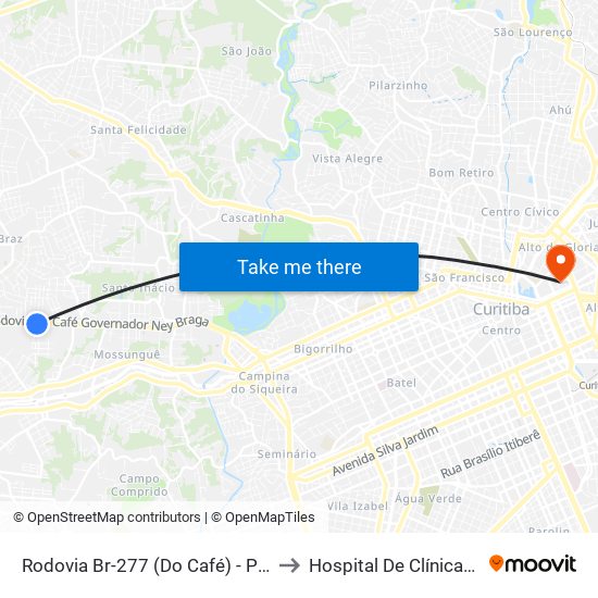 Rodovia Br-277 (Do Café) - Passarela Brf to Hospital De Clínicas Da Ufpr map