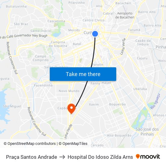 Praça Santos Andrade to Hospital Do Idoso Zilda Arns map