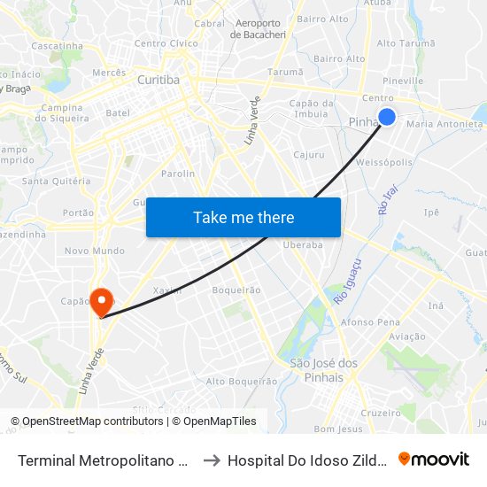 Terminal Metropolitano Pinhais to Hospital Do Idoso Zilda Arns map