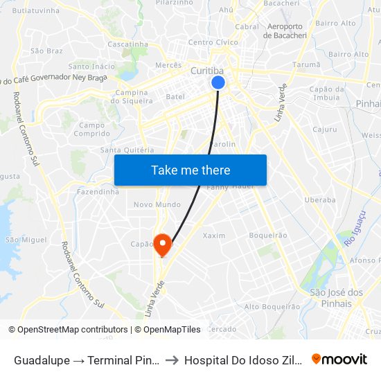 Guadalupe → Terminal Pinheirinho to Hospital Do Idoso Zilda Arns map