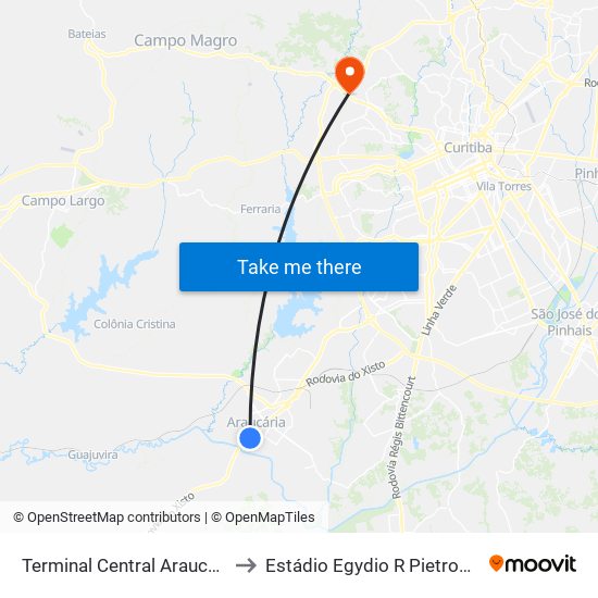 Terminal Central Araucária to Estádio Egydio R Pietrobelli map