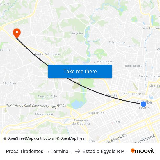 Praça Tiradentes → Terminal Bairro Alto to Estádio Egydio R Pietrobelli map