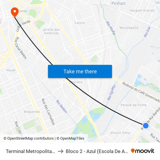 Terminal Metropolitano Afonso Pena to Bloco 2 - Azul (Escola De Arquitetura E Design) map