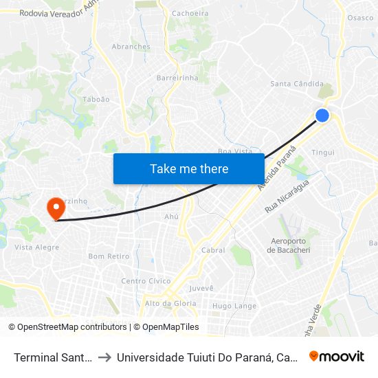 Terminal Santa Cândida to Universidade Tuiuti Do Paraná, Campus Jardim Schaffer map