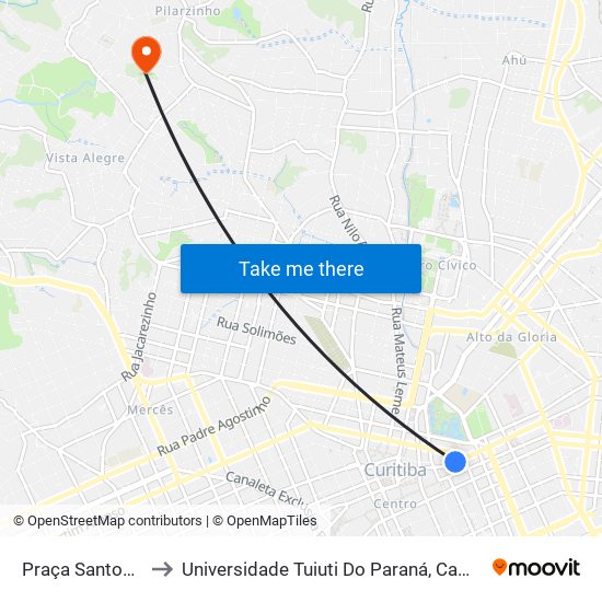 Praça Santos Andrade to Universidade Tuiuti Do Paraná, Campus Jardim Schaffer map