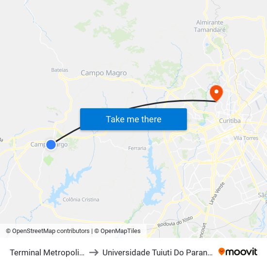 Terminal Metropolitano Campo Largo to Universidade Tuiuti Do Paraná, Campus Jardim Schaffer map