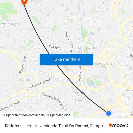 Rodoferroviária to Universidade Tuiuti Do Paraná, Campus Jardim Schaffer map