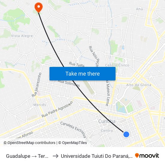 Guadalupe → Terminal Pinheirinho to Universidade Tuiuti Do Paraná, Campus Jardim Schaffer map