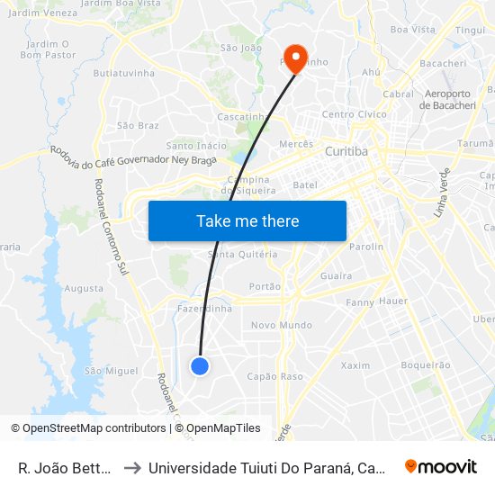R. João Bettega, 4701 to Universidade Tuiuti Do Paraná, Campus Jardim Schaffer map