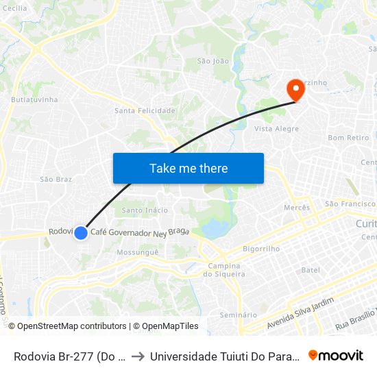 Rodovia Br-277 (Do Café) - Passarela Brf to Universidade Tuiuti Do Paraná, Campus Jardim Schaffer map