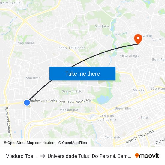 Viaduto Toaldo Túlio to Universidade Tuiuti Do Paraná, Campus Jardim Schaffer map