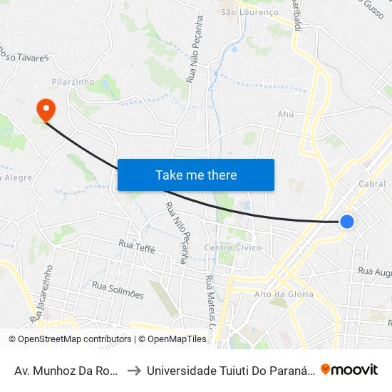 Av. Munhoz Da Rocha, 303 (Comec) to Universidade Tuiuti Do Paraná, Campus Jardim Schaffer map