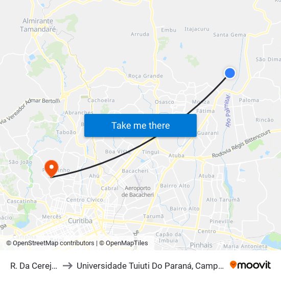 R. Da Cerejeira, 26 to Universidade Tuiuti Do Paraná, Campus Jardim Schaffer map