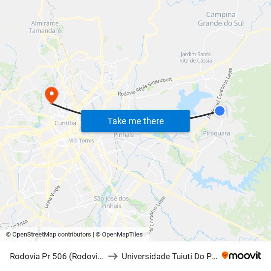 Rodovia Pr 506 (Rodovia Prefº Antonio Alceu Zielonka) to Universidade Tuiuti Do Paraná, Campus Jardim Schaffer map
