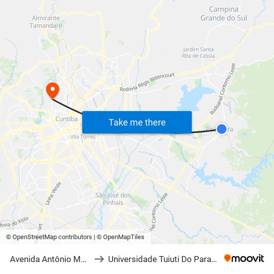 Avenida Antônio Meireles Sobrinho, 342 to Universidade Tuiuti Do Paraná, Campus Jardim Schaffer map