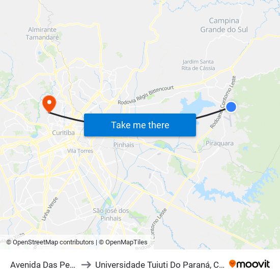 Avenida Das Pedreiras, 1000 to Universidade Tuiuti Do Paraná, Campus Jardim Schaffer map