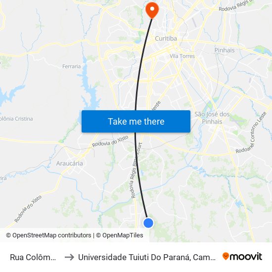 Rua Colômbia, 1300 to Universidade Tuiuti Do Paraná, Campus Jardim Schaffer map