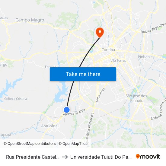 Rua Presidente Castelo Branco, Senai Araucária to Universidade Tuiuti Do Paraná, Campus Jardim Schaffer map