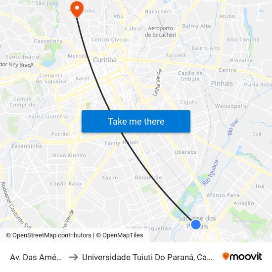 Av. Das Américas, 828 to Universidade Tuiuti Do Paraná, Campus Jardim Schaffer map