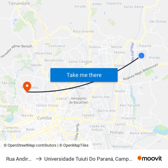 Rua Andirá, 1064 to Universidade Tuiuti Do Paraná, Campus Jardim Schaffer map