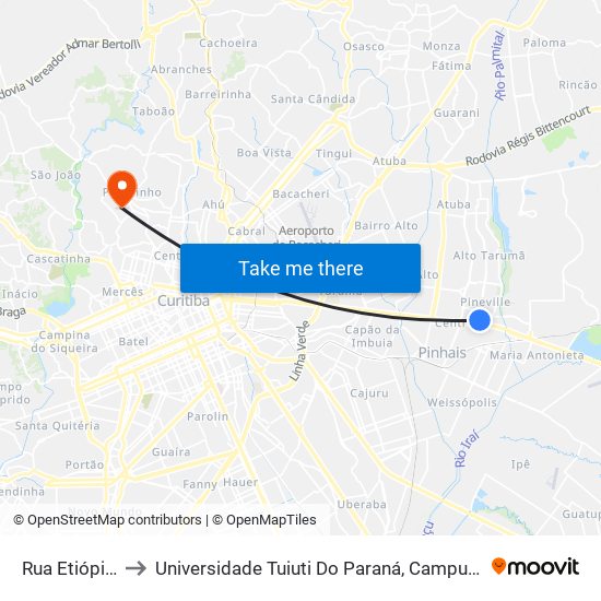 Rua Etiópia, 181 to Universidade Tuiuti Do Paraná, Campus Jardim Schaffer map
