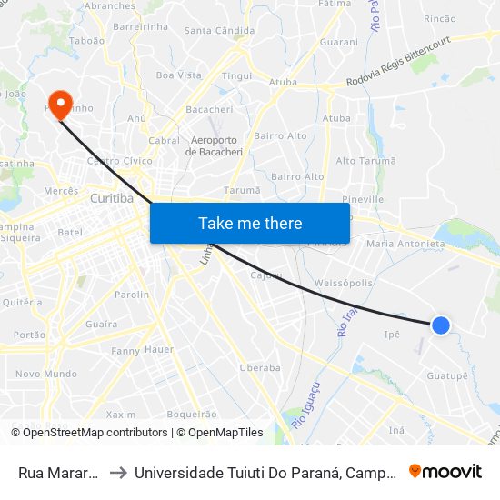 Rua Mararupá, 52 to Universidade Tuiuti Do Paraná, Campus Jardim Schaffer map