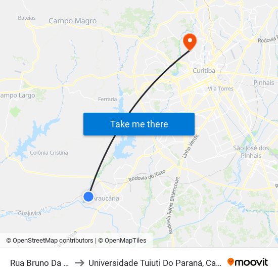 Rua Bruno Da Rocha, 321 to Universidade Tuiuti Do Paraná, Campus Jardim Schaffer map