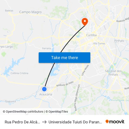 Rua Pedro De Alcântara Meira, 1001 to Universidade Tuiuti Do Paraná, Campus Jardim Schaffer map