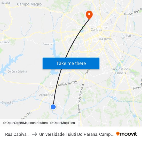 Rua Capivari, 1118 to Universidade Tuiuti Do Paraná, Campus Jardim Schaffer map