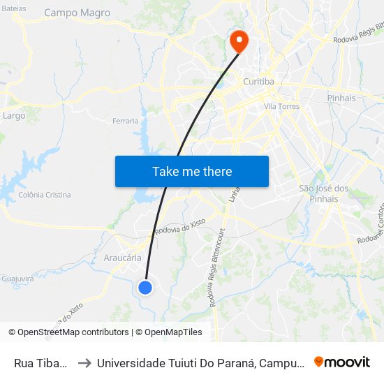 Rua Tibagi, 691 to Universidade Tuiuti Do Paraná, Campus Jardim Schaffer map