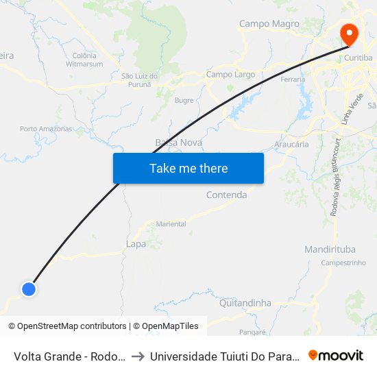 Volta Grande - Rodovia Br 476 (Do Xisto) to Universidade Tuiuti Do Paraná, Campus Jardim Schaffer map