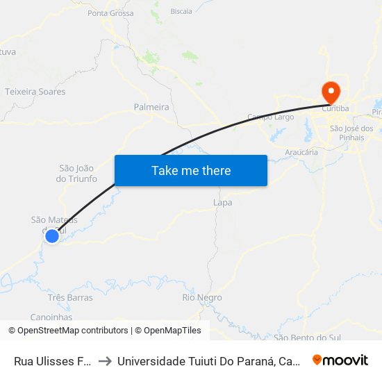 Rua Ulisses Faria, 1208 to Universidade Tuiuti Do Paraná, Campus Jardim Schaffer map