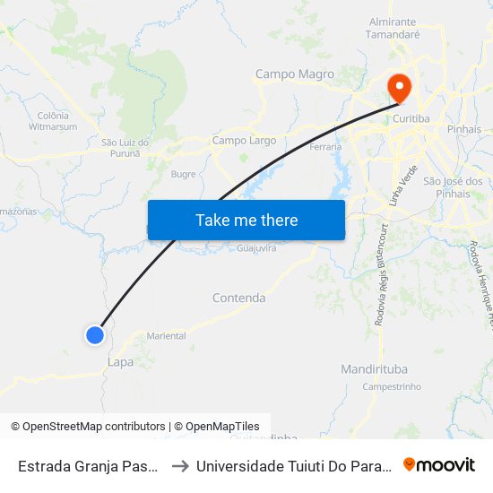 Estrada Granja Passa Dois - Granja Seara to Universidade Tuiuti Do Paraná, Campus Jardim Schaffer map