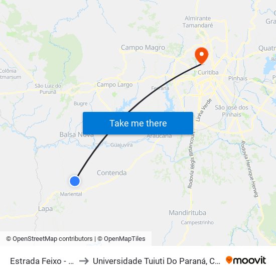 Estrada Feixo - Caixa D'Água to Universidade Tuiuti Do Paraná, Campus Jardim Schaffer map