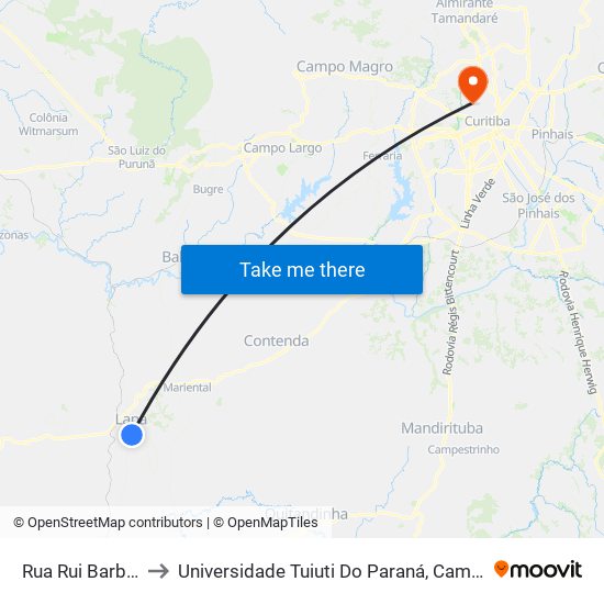 Rua Rui Barbosa, 840 to Universidade Tuiuti Do Paraná, Campus Jardim Schaffer map