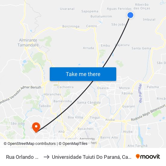 Rua Orlando Cecon, 143 to Universidade Tuiuti Do Paraná, Campus Jardim Schaffer map