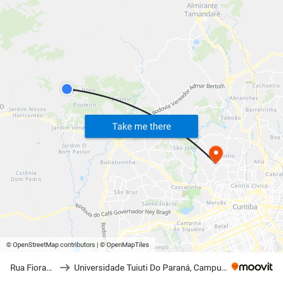Rua Fioravante 2 to Universidade Tuiuti Do Paraná, Campus Jardim Schaffer map