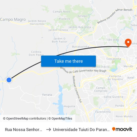 Rua Nossa Senhora Da Aparecida, 140 to Universidade Tuiuti Do Paraná, Campus Jardim Schaffer map