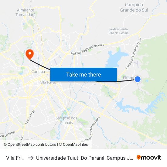 Vila França to Universidade Tuiuti Do Paraná, Campus Jardim Schaffer map