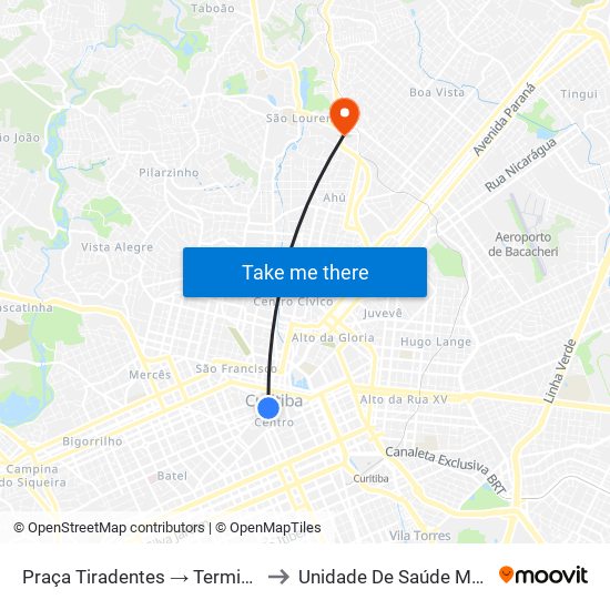 Praça Tiradentes → Terminal Pinhais to Unidade De Saúde Medianeira map