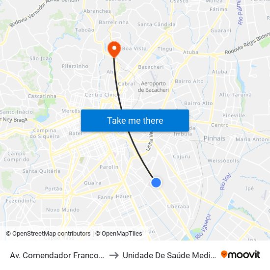 Av. Comendador Franco, 4485 to Unidade De Saúde Medianeira map