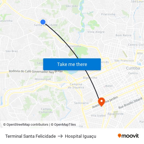 Terminal Santa Felicidade to Hospital Iguaçu map