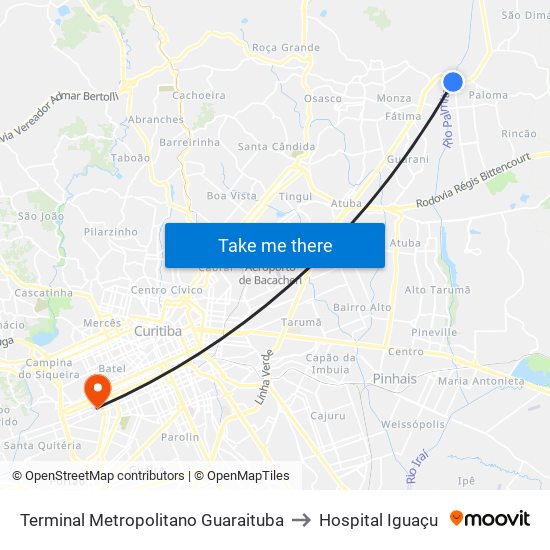 Terminal Metropolitano Guaraituba to Hospital Iguaçu map