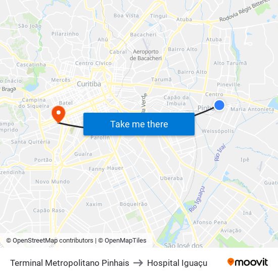Terminal Metropolitano Pinhais to Hospital Iguaçu map