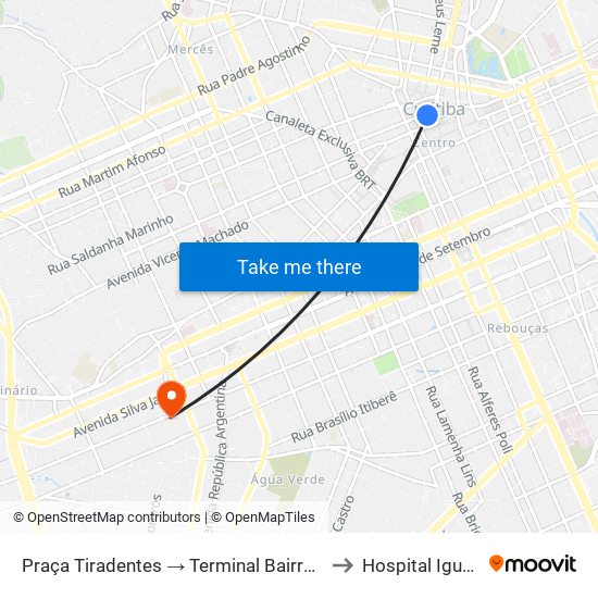 Praça Tiradentes → Terminal Bairro Alto to Hospital Iguaçu map