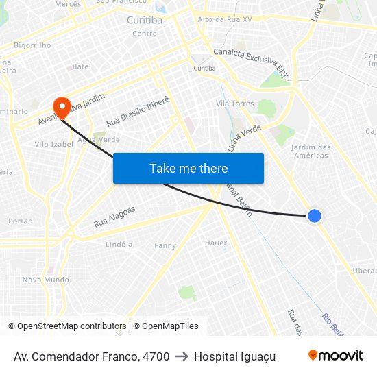 Av. Comendador Franco, 4700 to Hospital Iguaçu map