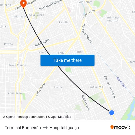 Terminal Boqueirão to Hospital Iguaçu map